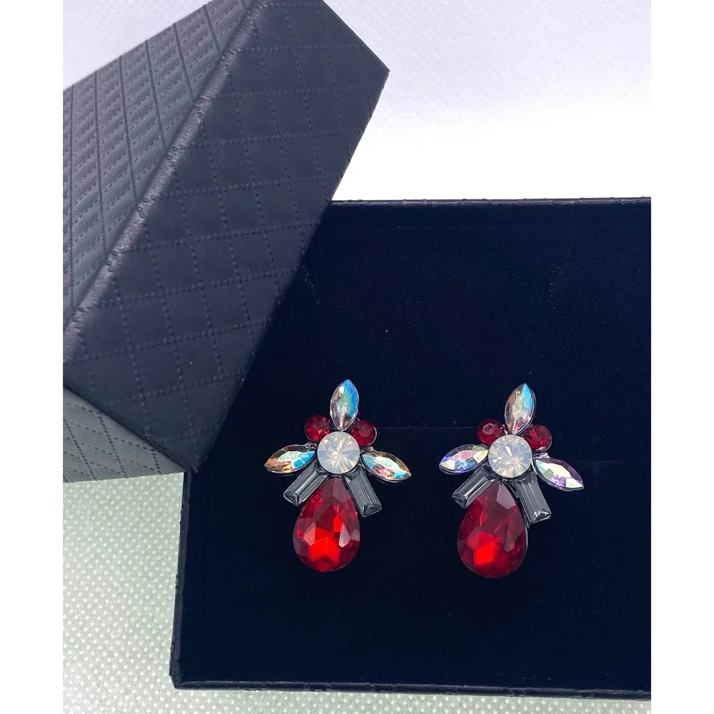 Imitation Red Ruby Rhinestone Cubic Zirconia CZ Post Earrings Set - Picture 1 of 7